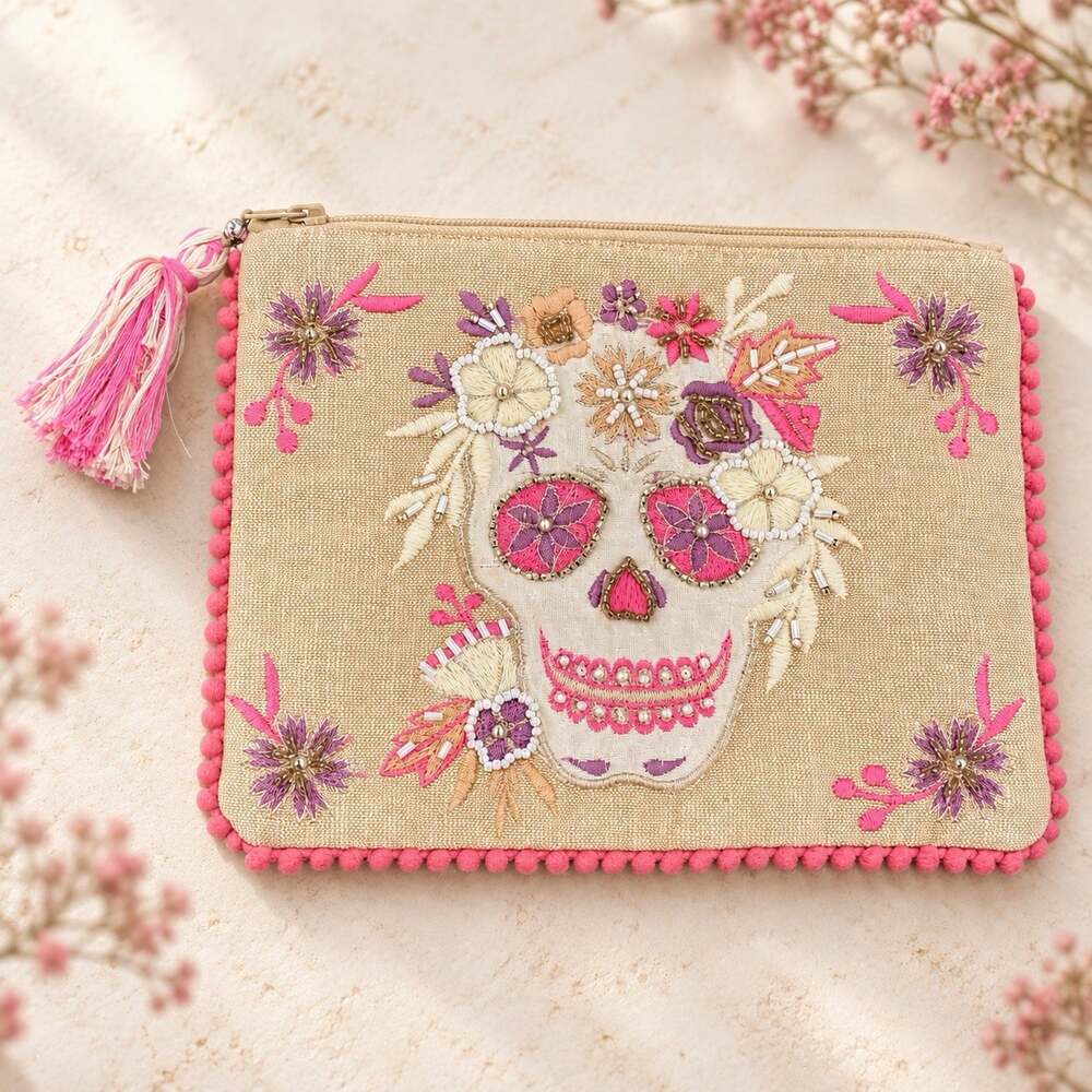Two’s Company Sugar Skull Embroidered Zipper Pouch Bead Floral Tassel Makeup Bag